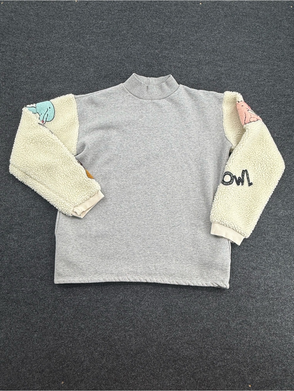 Unique Grey Mock-Neck Sweater with Cream Sherpa Animal Patch sleeves 100% cotton